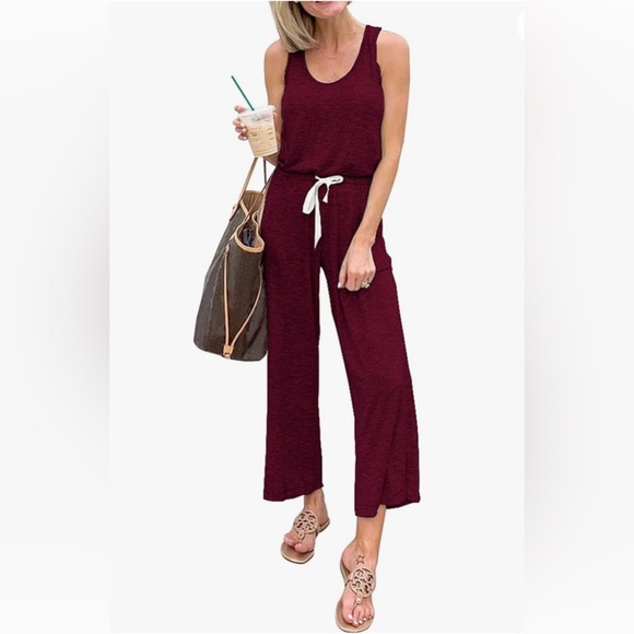 🆕 PrettyGarden Women Sleeveless Solid Jumpsuit Crewneck Drawstring Long Romper - Picture 3 of 3